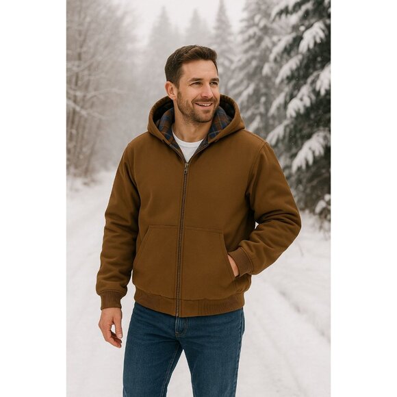 Woolrich Men's L Canvas Hooded Jacket Plaid Kangaroo Pocket Zipper Hoodie Brown - Picture 9 of 11